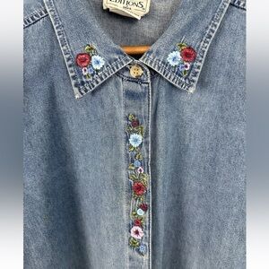 Vtg Basic Editions embroidered‎ Flowers denim Button Up shirt cottagecore 24W *